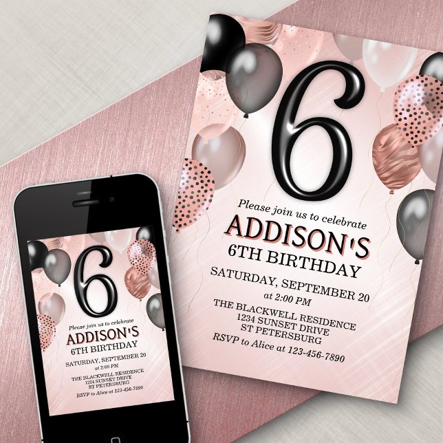 6th Birthday Rose Gold Balloons Invitation (Creator Uploaded)
