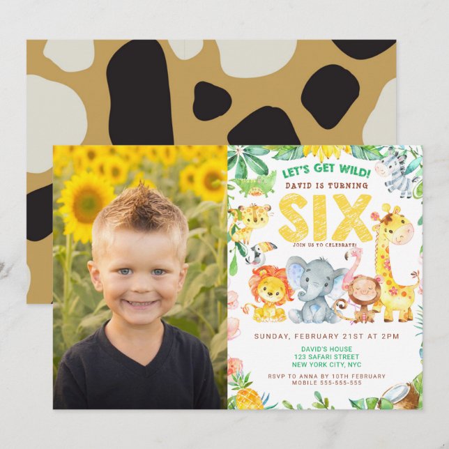 6th Birthday Safari Jungle Animals Boy Picture Invitation (Front/Back)
