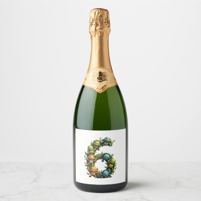 6th Birthday Sea Turtle Tortoise Theme Party 6 Yea Sparkling Wine Label (Front)
