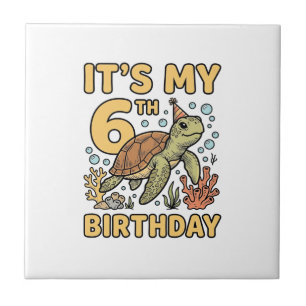 6th Birthday Sea Turtle Vintage Engraving Design_1 Tile
