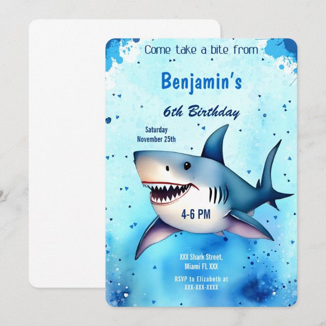 6th Birthday Shark Invitation (Front/Back)