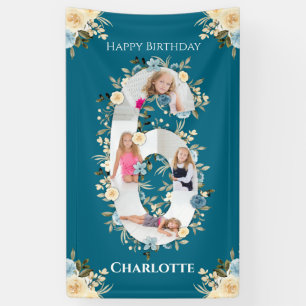 6th Birthday Teal Flower Photo Collage Blue Yellow Banner