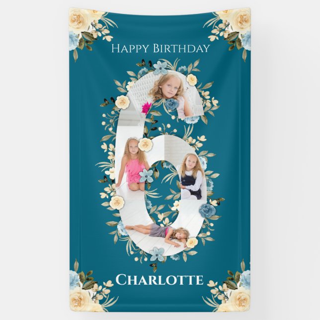 6th Birthday Teal Flower Photo Collage Blue Yellow Banner (Vertical)