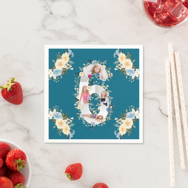 6th Birthday Teal Photo Collage Blue Yellow Flower Napkin (Insitu)