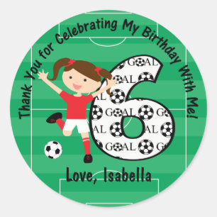 6th Birthday Thank You Red and White Soccer Girl Classic Round Sticker
