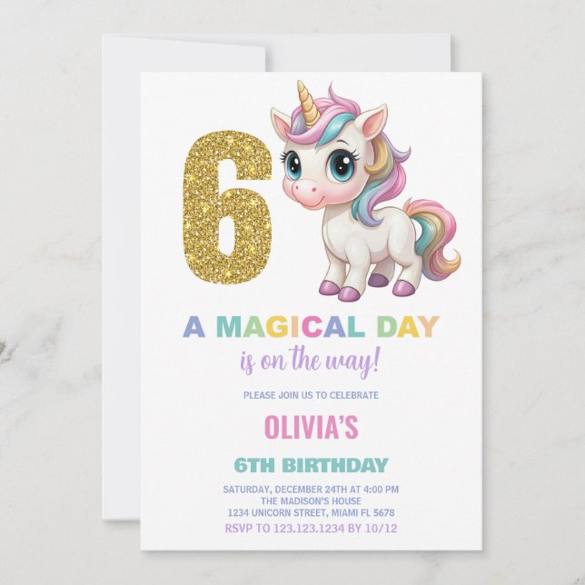 6th Birthday Unicorn Birthday Invitations (Front)