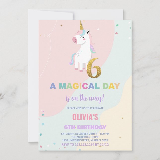 6th Birthday Unicorn Birthday Invitations (Front)