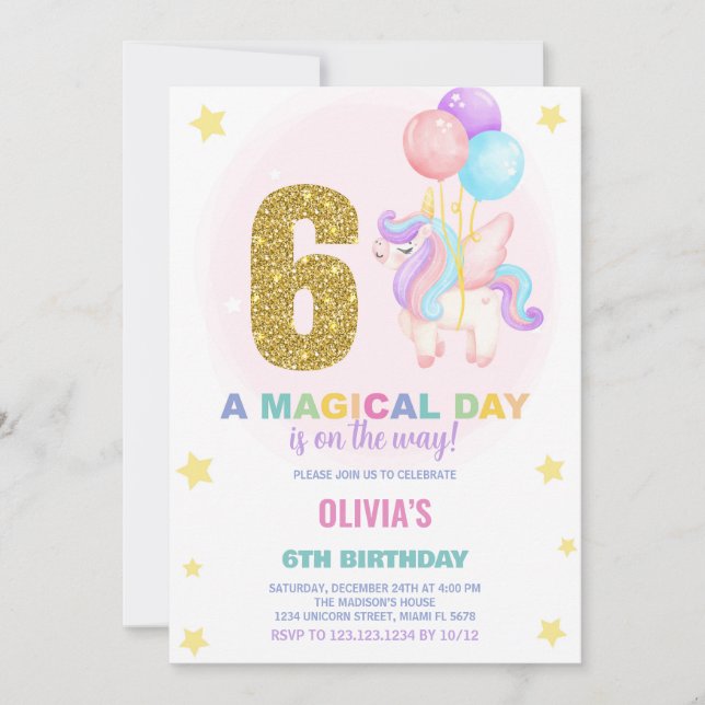 6th Birthday Unicorn Birthday Invitations (Front)