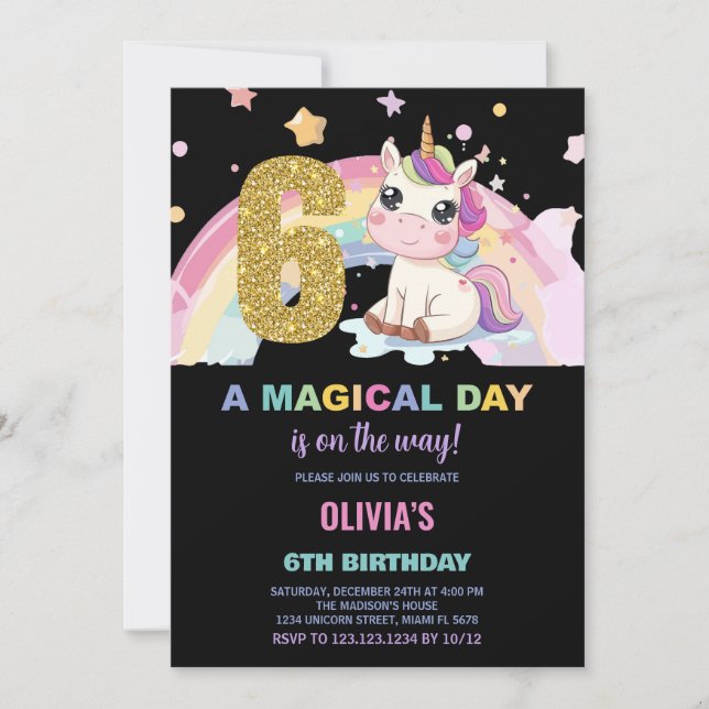 6th Birthday Unicorn Birthday Invitations (Front)