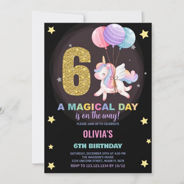 6th Birthday Unicorn Birthday Invitations (Front)