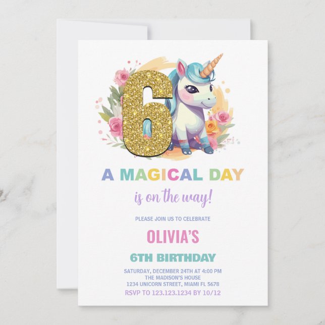 6th Birthday Unicorn Birthday Invitations (Front)