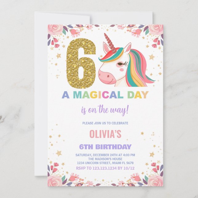 6th Birthday Unicorn Birthday Invitations (Front)