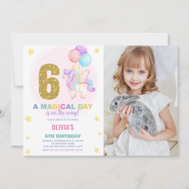 6th Birthday Unicorn Birthday Invitations w photo (Front)
