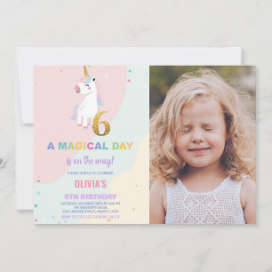 6th Birthday Unicorn Birthday Invitations w photo