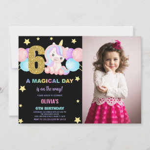 6th Birthday Unicorn Birthday Invitations w photo