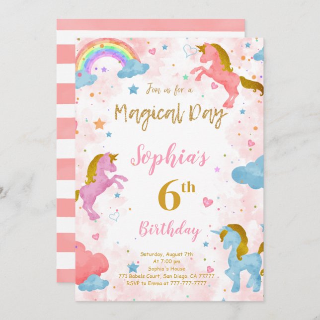 6th Birthday Unicorn Invitation (Front/Back)