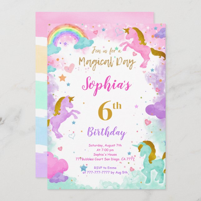 6th Birthday Unicorn Invitation (Front/Back)
