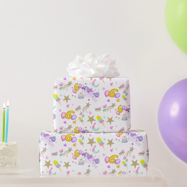 6th Birthday Unicorn Pattern White Wrapping Paper (Party Gifts)
