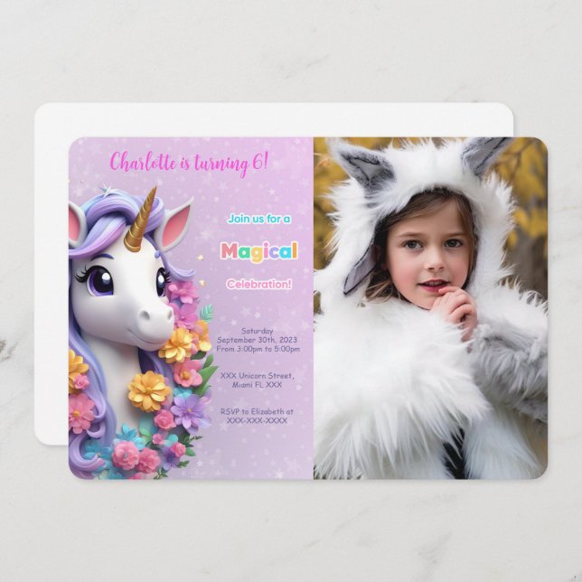 6th Birthday Unicorn Photo Invitation (Front/Back)