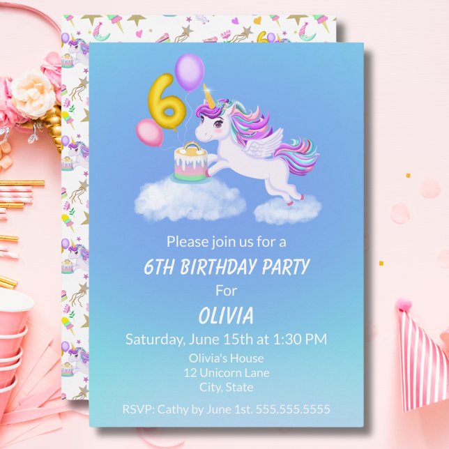 6th Birthday Unicorn With Cake Invitation (Creator Uploaded)