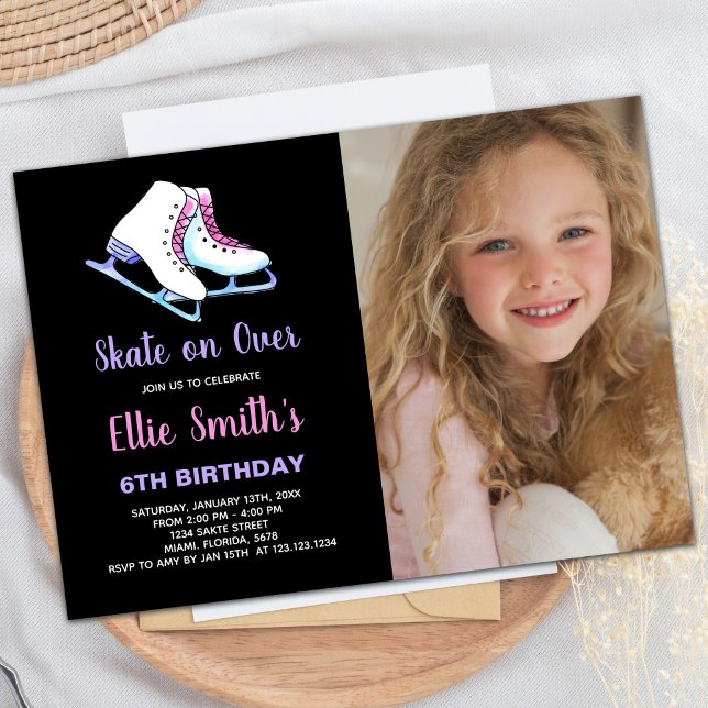 6th Black Purple Ice Photo Skating Birthday Invitation (6th Black Purple Ice Photo Skating Birthday Invitation)