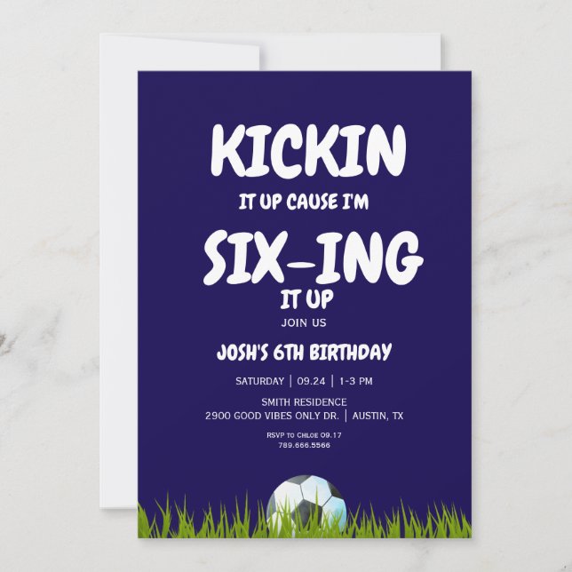 6th Boy's Kickin it Up Blue Soccer Birthday Party  Invitation (Front)