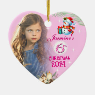 6th Christmas Personalised Girl Photo Heart Gift  Ceramic Tree Decoration