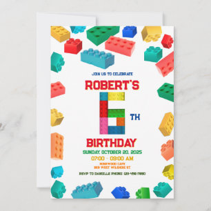 6th Construction Invite, Building Blocks Birthday  Invitation