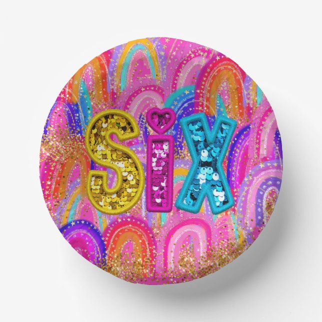 6th Cute Rainbow Gold Glitter Paper Plate (Front)