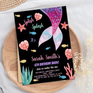 6th Dark Pink on top mermaid Birthday Invitation