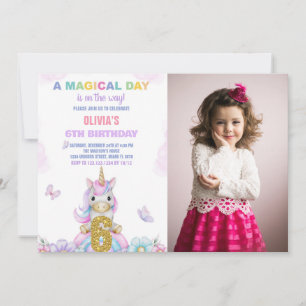 6th Floral Unicorn Birthday Invitations with photo