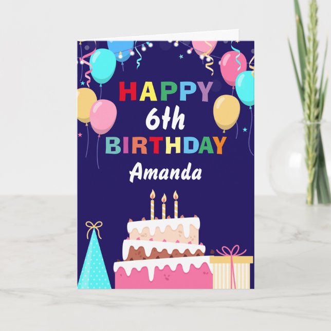 6th Happy Birthday Colourful Balloon Cake Navy Blu Card (Front)