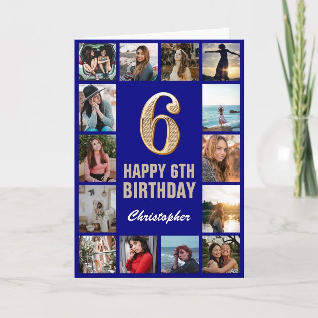 6th Happy Birthday Navy Blue & Gold Photo Collage Card (Front)