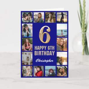 6th Happy Birthday Navy Blue & Gold Photo Collage Card
