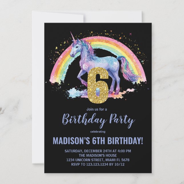 6th Rainbow Unicorn Birthday Invitations (Front)