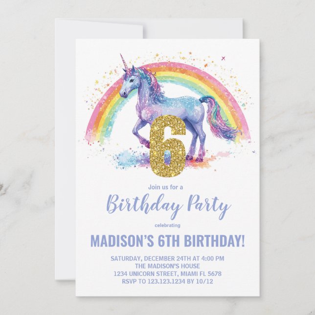 6th Rainbow Unicorn Birthday Invitations (Front)