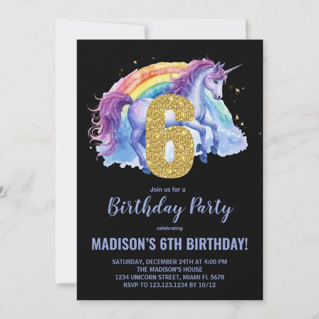 6th Rainbow Unicorn Birthday Invitations (Front)