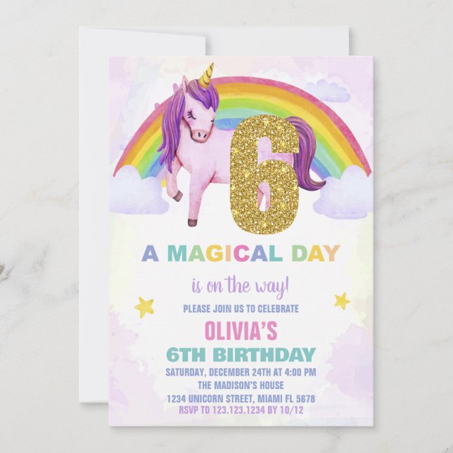 6th Rainbow Unicorn Birthday Invitations Cloud (Front)