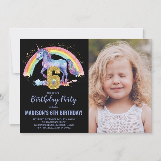 6th Rainbow Unicorn Birthday Invitations photo (Front)