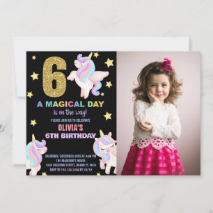 6th Rainbow Unicorn Birthday Invitations w photo