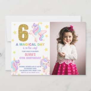 6th Rainbow Unicorn Birthday Invitations w photo