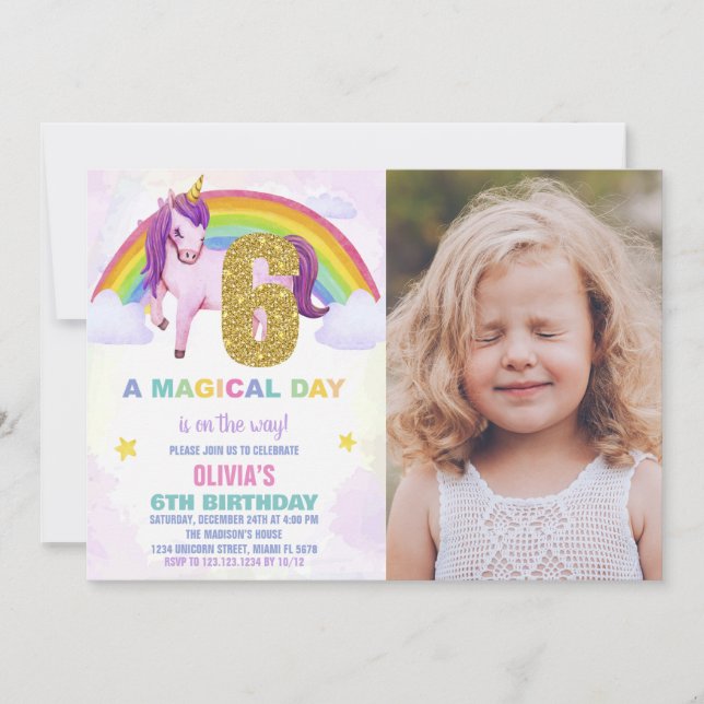 6th Rainbow Unicorn Birthday Invitations w photo (Front)