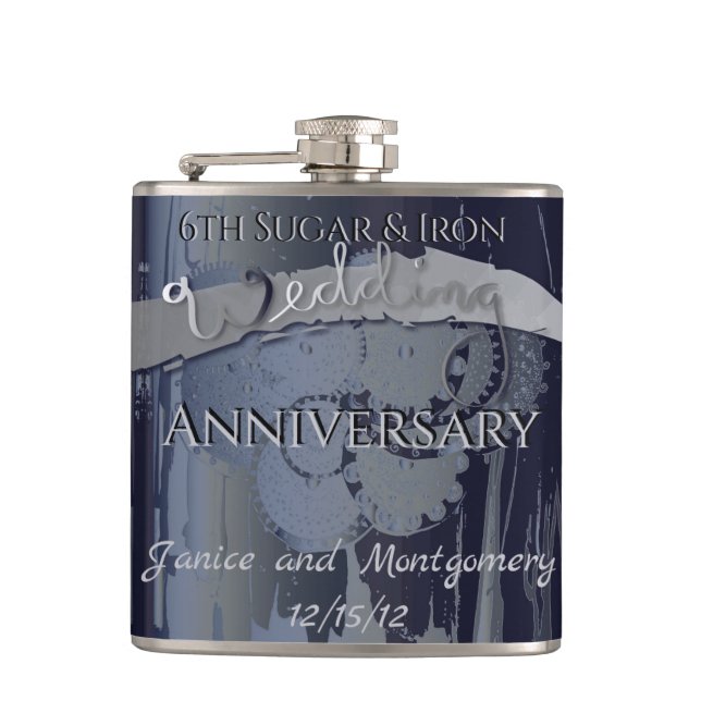 6th Sugar and Iron Wedding Anniversary Steampunk Hip Flask (Front)