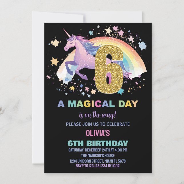 6th Unicorn Birthday Invitations (Front)