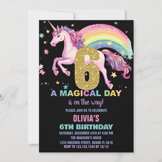 6th Unicorn Birthday Invitations Black (Front)