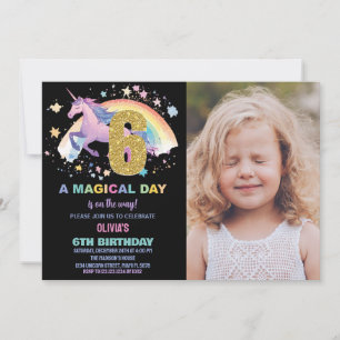 6th Unicorn Birthday Invitations with photo
