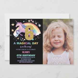 6th Unicorn Birthday Invitations with photo