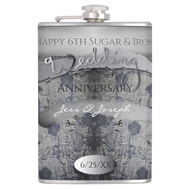6th Wedding Anniversary Sugar and Iron Hip Flask (Front)
