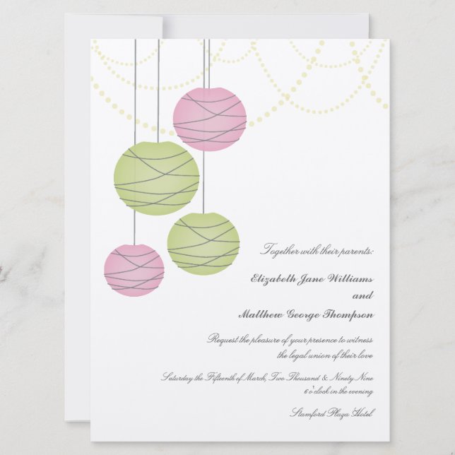 6x8 Pink & Green Paper Lanterns Day Wedding Invite (Front)