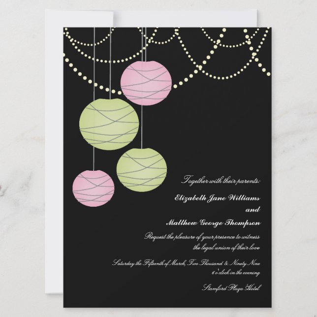 6x8 Pink & Green Paper Lanterns Wedding Invite (Front)
